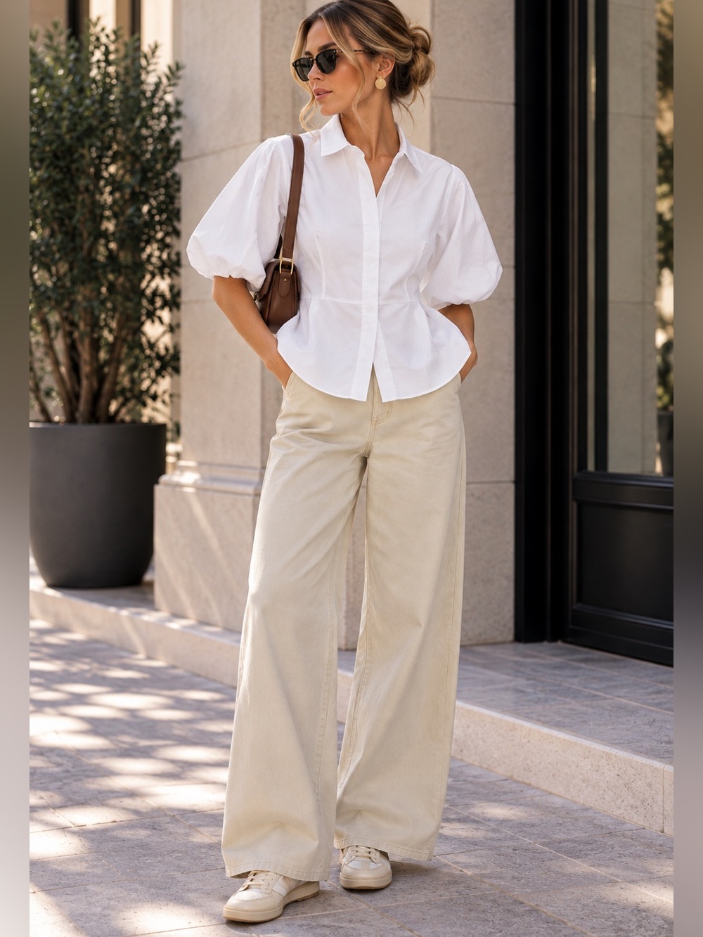 Zara White Puff-Sleeve Peplum Shirt